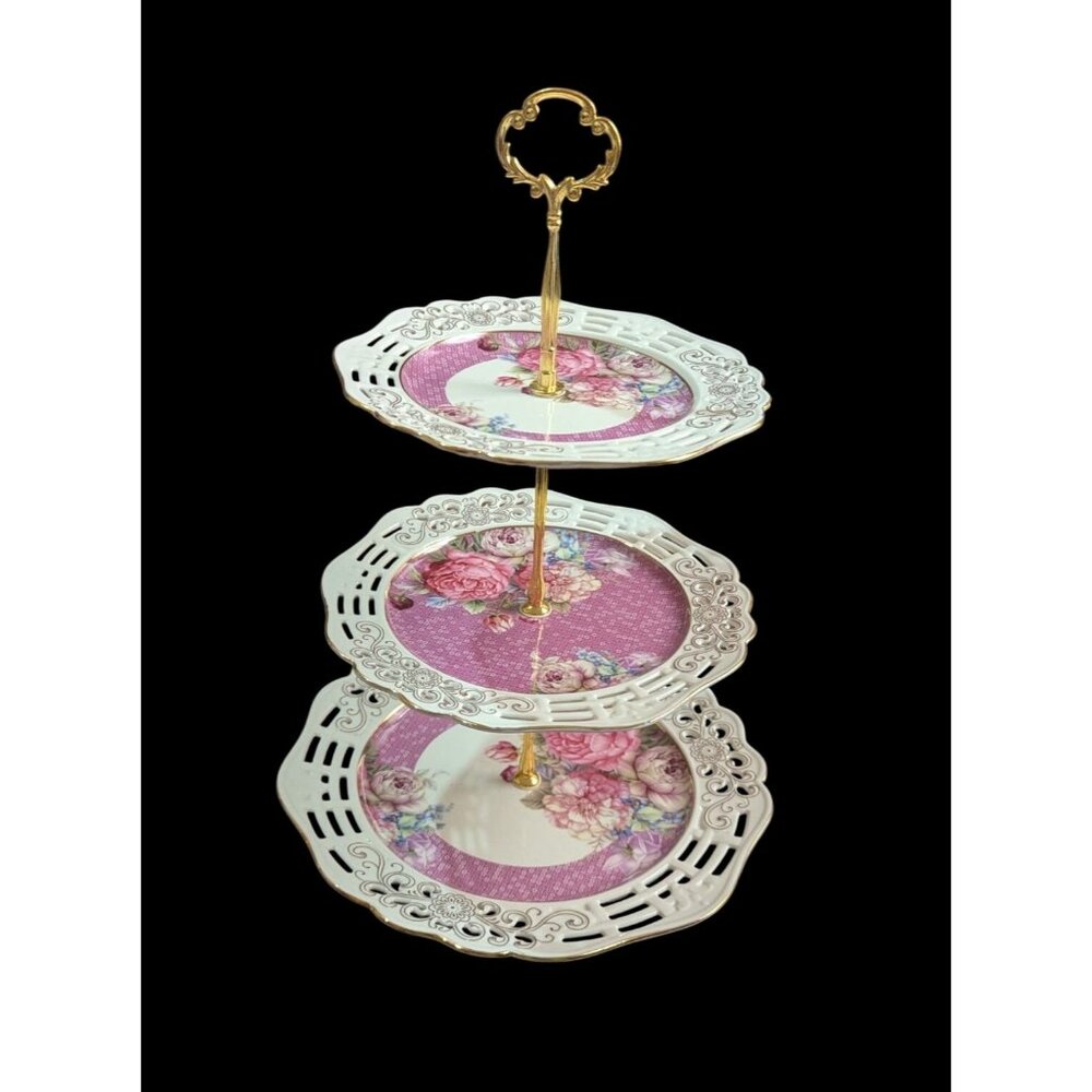 Rosette 3 Tier Cake Stand With Gold Handle  Floral‎ Porcelain Plates Pink Roses